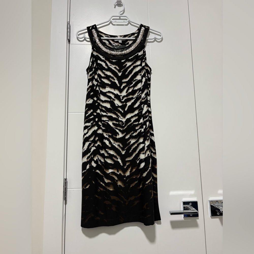 Sandra Darren Black and White Beaded Neckline Zebra-Print Mini Dress
